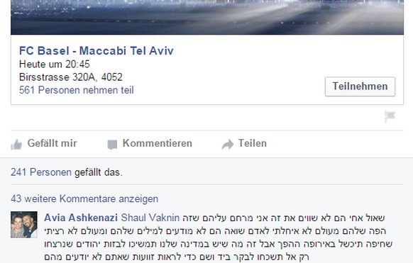 Unerwünscht: Ein hebräischer Kommentar mit Holocaust-Bezug auf Basels Facebook-Seite.