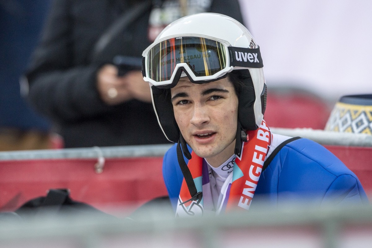 Yanick Wasser from Switzerland at the men's ski jumping FIS World Cup in Engelberg, Switzerland, Sunday, December 17, 2023. (KEYSTONE/Urs Flueeler)