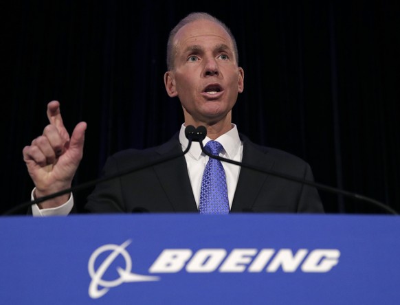 FILE - In this Monday, April 29, 2019 file photo, Boeing Chief Executive Dennis Muilenburg speaks during a news conference after the company&#039;s annual shareholders meeting at the Field Museum in C ...