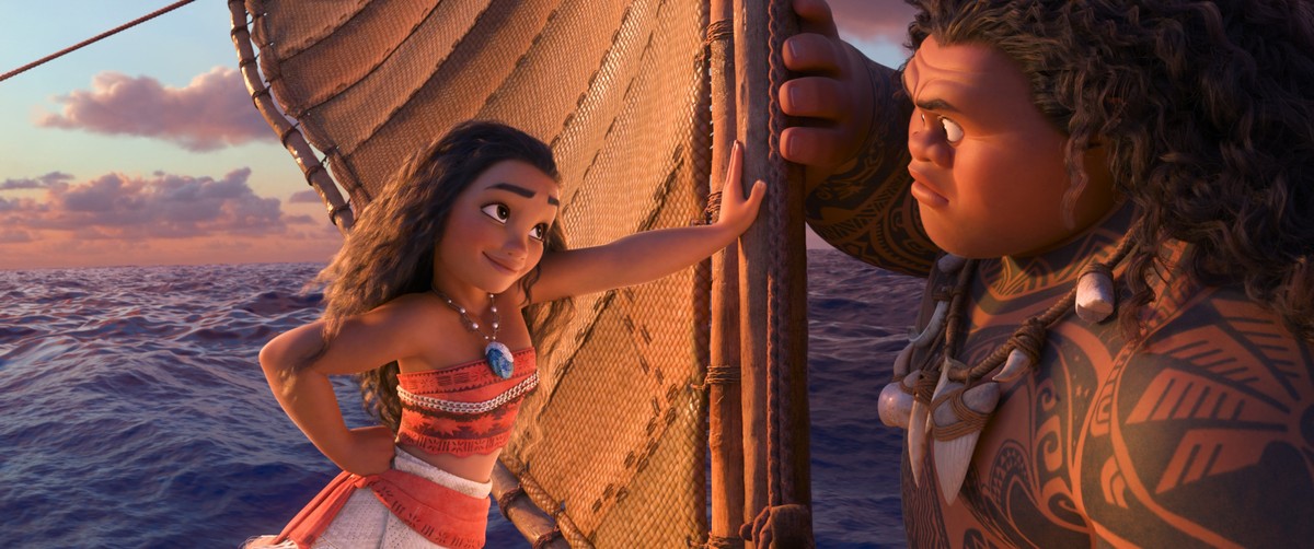 This image released by Disney shows characters Maui, voiced by Dwayne Johnson, right, and Moana, voiced by Auli'i Cravalho, in a scene from the animated film, "Moana." The film was nomi ...
