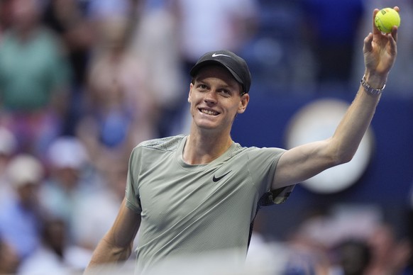 Jannik Sinner, of Italy, reacts after defeating Jack Draper, of Great Britain, during the men&#039;s singles semifinal of the U.S. Open tennis championships, Friday, Sept. 6, 2024, in New York. (AP Ph ...