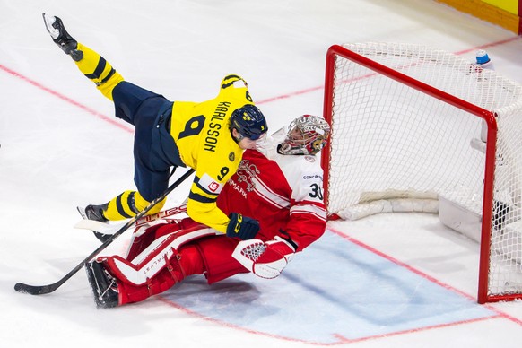 <p>Schwedens Linus Karlsson kommt dem dänischen Goalie Mads Sögaard etwas gar nahe.</p>