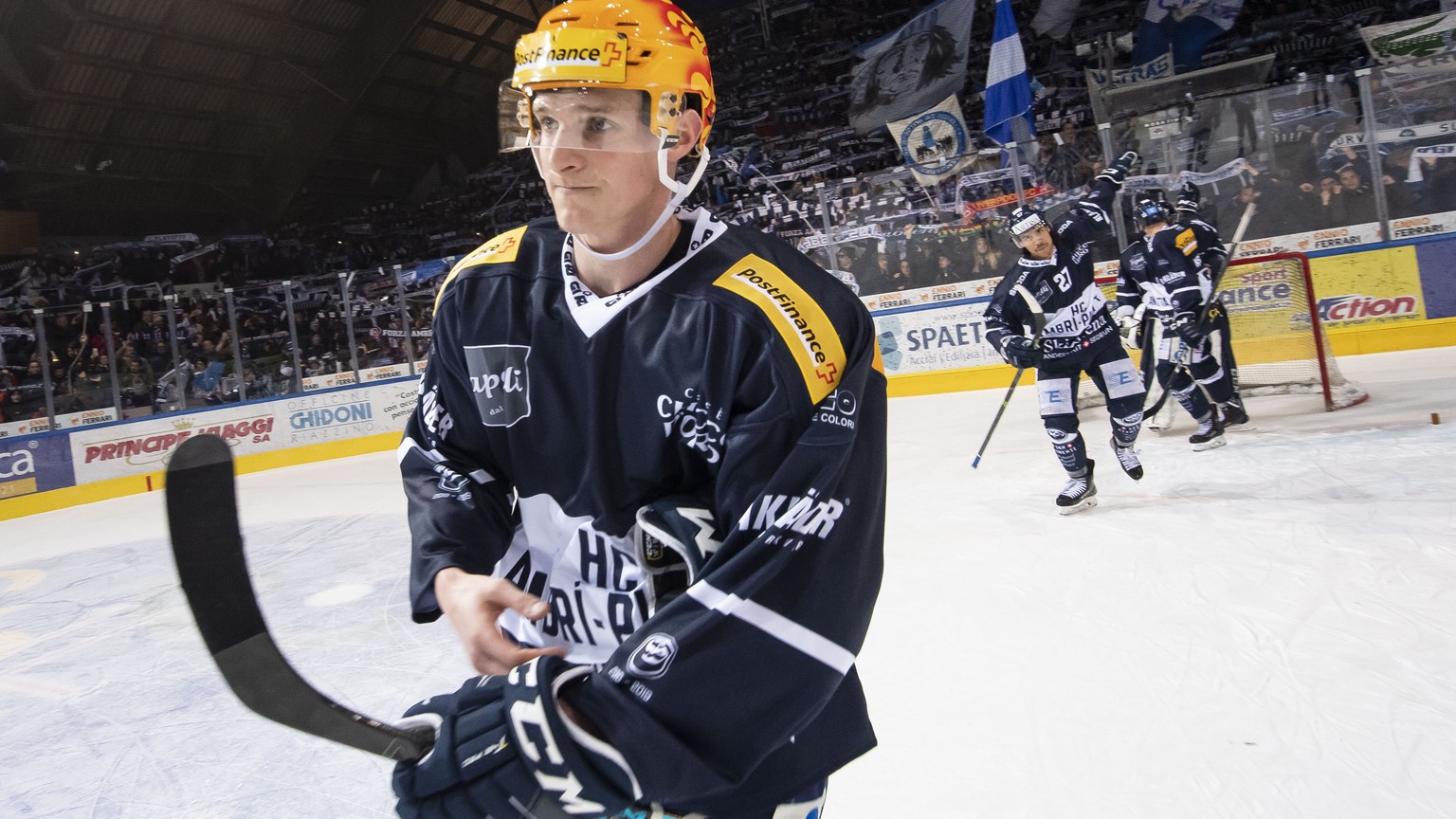 Ambri&#039;s player Dominik Kubalik, during the fourth leg of the playoff quarterfinals of the ice hockey National League Swiss Championship between HC Ambri-Piotta and EHC Biel, at the ice stadium Va ...