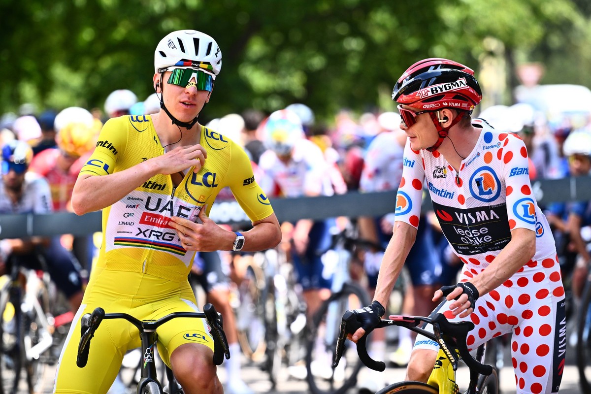 Slovenian Tadej Pogacar of UAE Team Emirates XRG and Danish Jonas Vingegaard of Team Visma-Lease a Bike are pictured before stage 14 of the 2026 Tour de France cycling race, a stage of 155km from Mulh ...