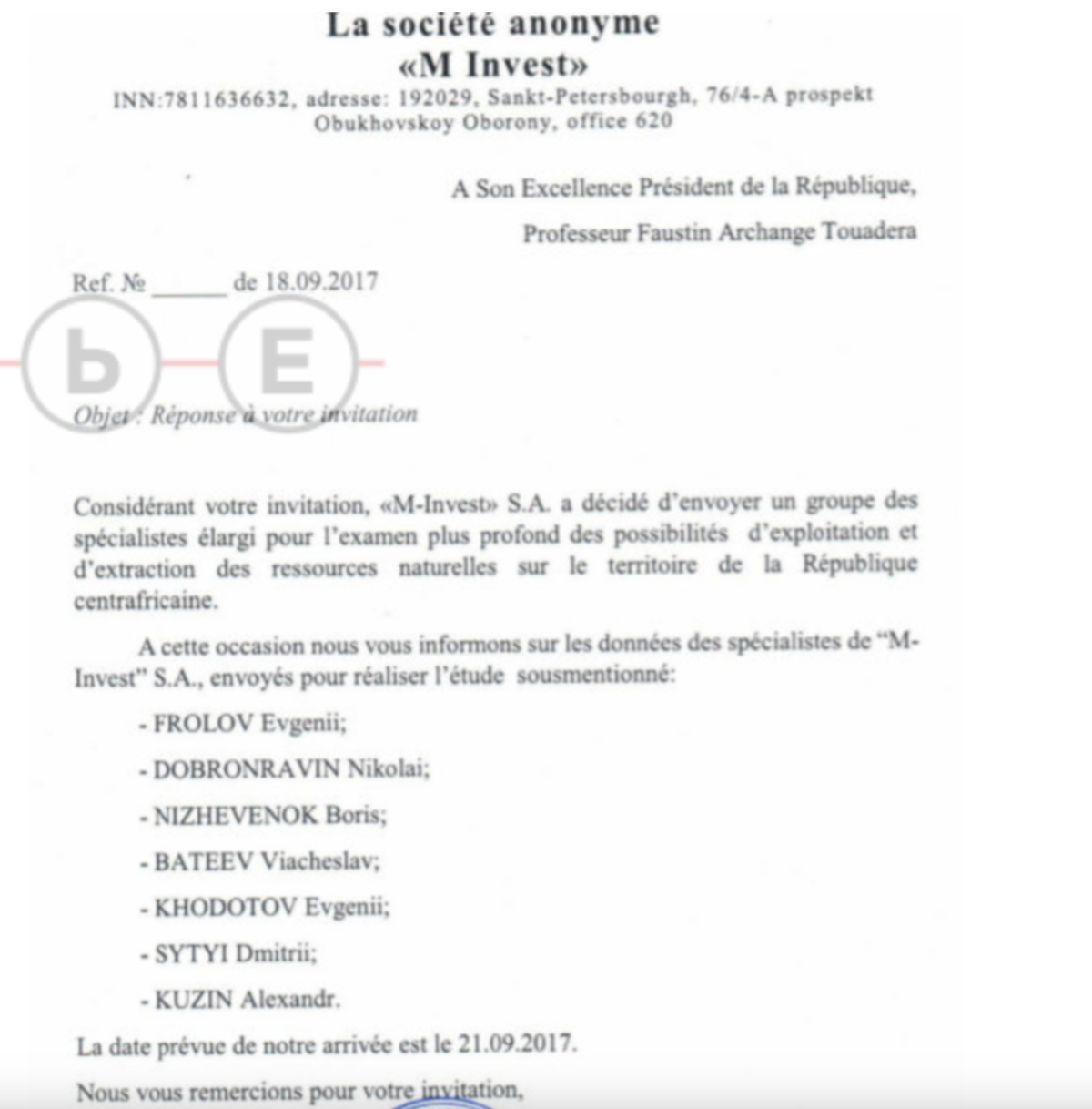 Le courrier qui valide l'arrivée Dmitry Sytyi en République centrafrique.