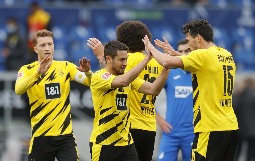 epa08753110 Dortmund players celebrate after winning the German Bundesliga soccer match between TSG 1899 Hoffenheim and Borussia Dortmund in Sinsheim, Germany, 17 October 2020. EPA/RONALD WITTEK CONDI ...