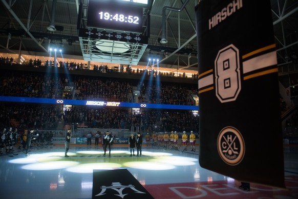 The official moment of the retreat of HC Lugano number 8 of Steve Hirschi, during the preliminary, round game of National League A (NLA, LNA) Swiss Championship 2017/18 between HC Lugano and SCL Tiger ...