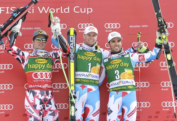 So sehen Sieger aus: (v.l.n.r.) Marcel Hirscher, Alexis Pinturault und Thomas Fanara.