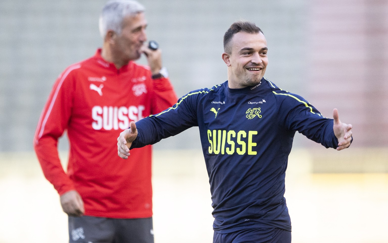 epa07086266 Switzerland&#039;s Xherdan Shaqiri reacts during a training session at King Baudouin Stadium, Brussels, Belgium, 11 October 2018. Switzerland will face Belgium in their UEFA Nations League ...