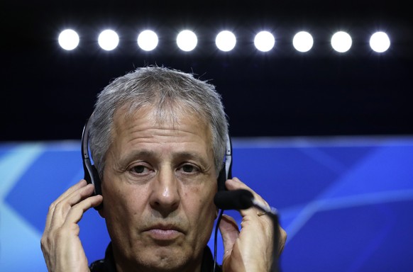 Borussia Dortmund&#039;s coach Lucien Favre attends a press conference at Wanda Metropolitano stadium in Madrid, Spain, Monday, Nov. 5, 2018. Atletico will play Borussia Dortmund Tuesday in a Group A  ...