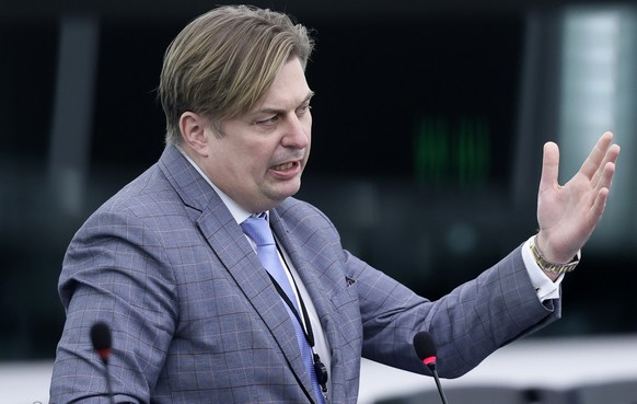 epa11959092 Maximilian Krah, Non-attached Members Germany, speaks during a debate on &#039;Frozen Russian assets&#039; at the European Parliament in Strasbourg, France, 12 March 2025. The EU Parliamen ...