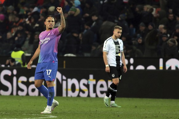 AC Milan&#039;s Noah Okafor celebrates a goal during the Serie A soccer match between Udinese and Milan in Udine, Italy, Saturday Jan. 20, 2024. (Andrea Bressanutti/LaPresse via AP)