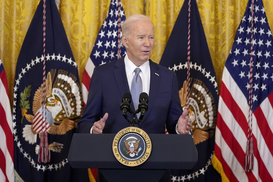 President Joe Biden speaks to the National Governors Association during an event in the East Room of the White House, Friday, Feb. 23, 2024, in Washington.  (AP Photo/Evan Vucci) Joe Biden