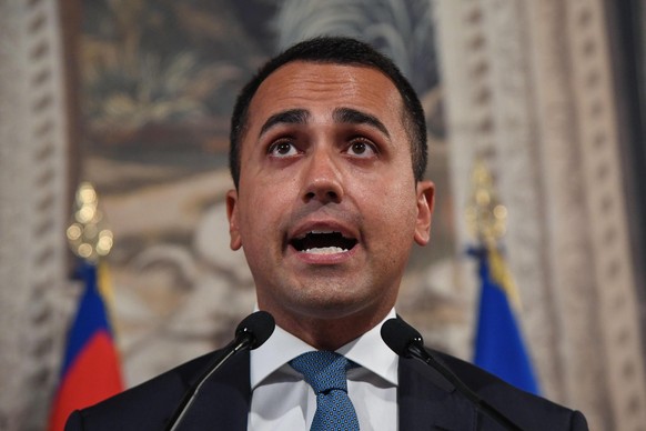 epa07799776 Movimento 5 Stelle leader Luigi Di Maio addresses the media after a meeting with Italian President Mattarella in Rome, Italy, 28 August 2019. Mattarella is holding a second round of politi ...