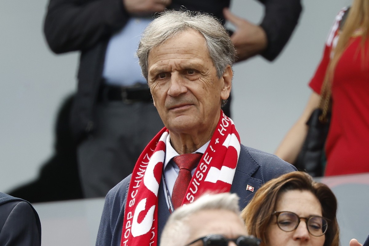 epa11411944 Dominique Blanc, president of the Swiss Football Association looks on before the UEFA EURO 2024 group A match between Hungary and Switzerland in Cologne, Germany, 15 June 2024. EPA/YOAN VA ...