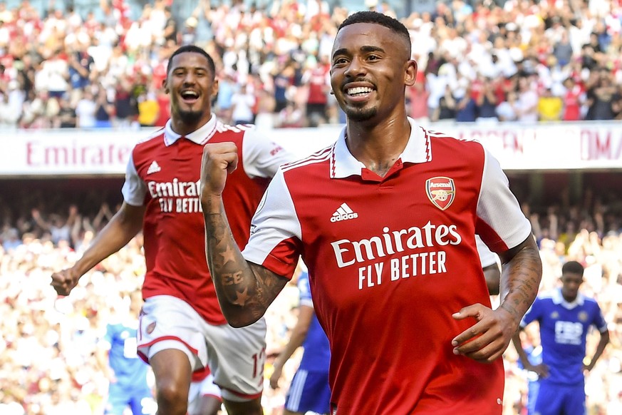 epa10118840 Gabriel Jesus of Arsenal celebrates after scoring team?�s second goal during the English Premier League soccer match between Arsenal FC and Leicester City in London, Britain, 13 August 202 ...