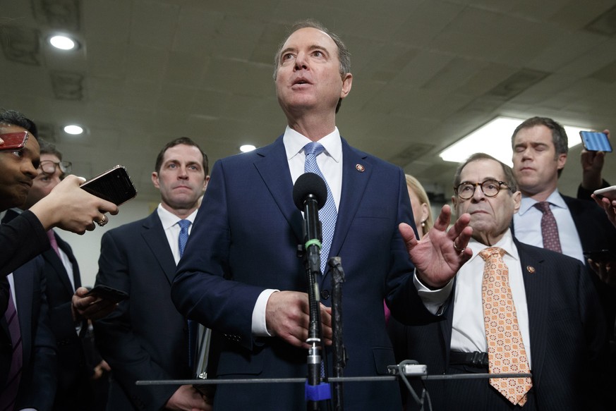House Democratic impeachment managers including House Intelligence Committee Chairman Adam Schiff, D-Calif., center, with Rep. Jason Crow, D-Colo., left, and Judiciary Committee Chairman Jerrold Nadle ...