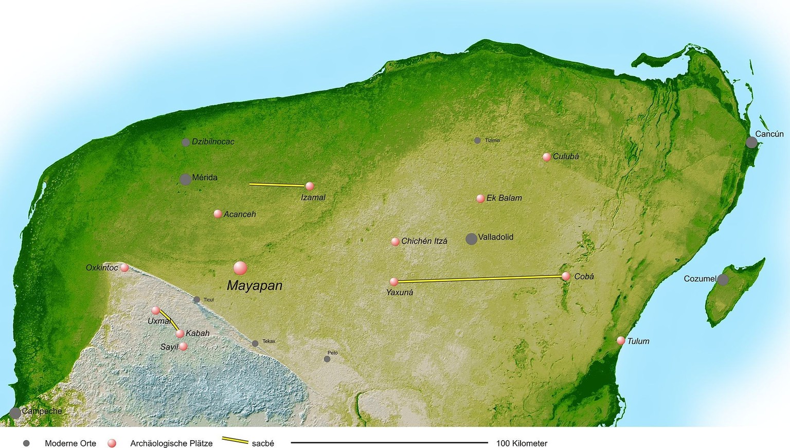 Karte: Maya-Stadt Mayapán auf der Halbinsel Yucatán.
Von HJPD - Eigenes Werk, CC BY 3.0, https://commons.wikimedia.org/w/index.php?curid=12634303