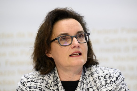 Marlene Amstad, Verwaltungspraesident FINMA, spricht waehrend der Jahresmedienkonferenz der Eidgenoessischen Finanzmarktaufsicht FINMA, am MIttwoch, 5. April 2022 in Bern. (KEYSTONE/Anthony Anex)