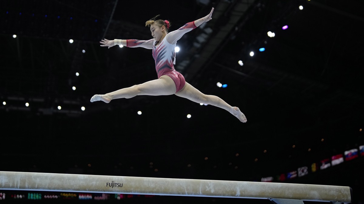 Japan's Shoko Miyata competes on the beam during the Women's Qualifications at the Artistic Gymnastics World Championships in Antwerp, Belgium, Monday, Oct. 2, 2023. The event will take plac ...