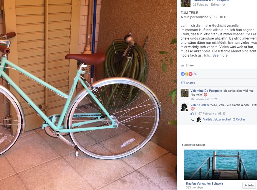 «A min persönliche VELODIEB...»: Bringt dieser Facebook-Post Valentinas Fahrrad zurück?