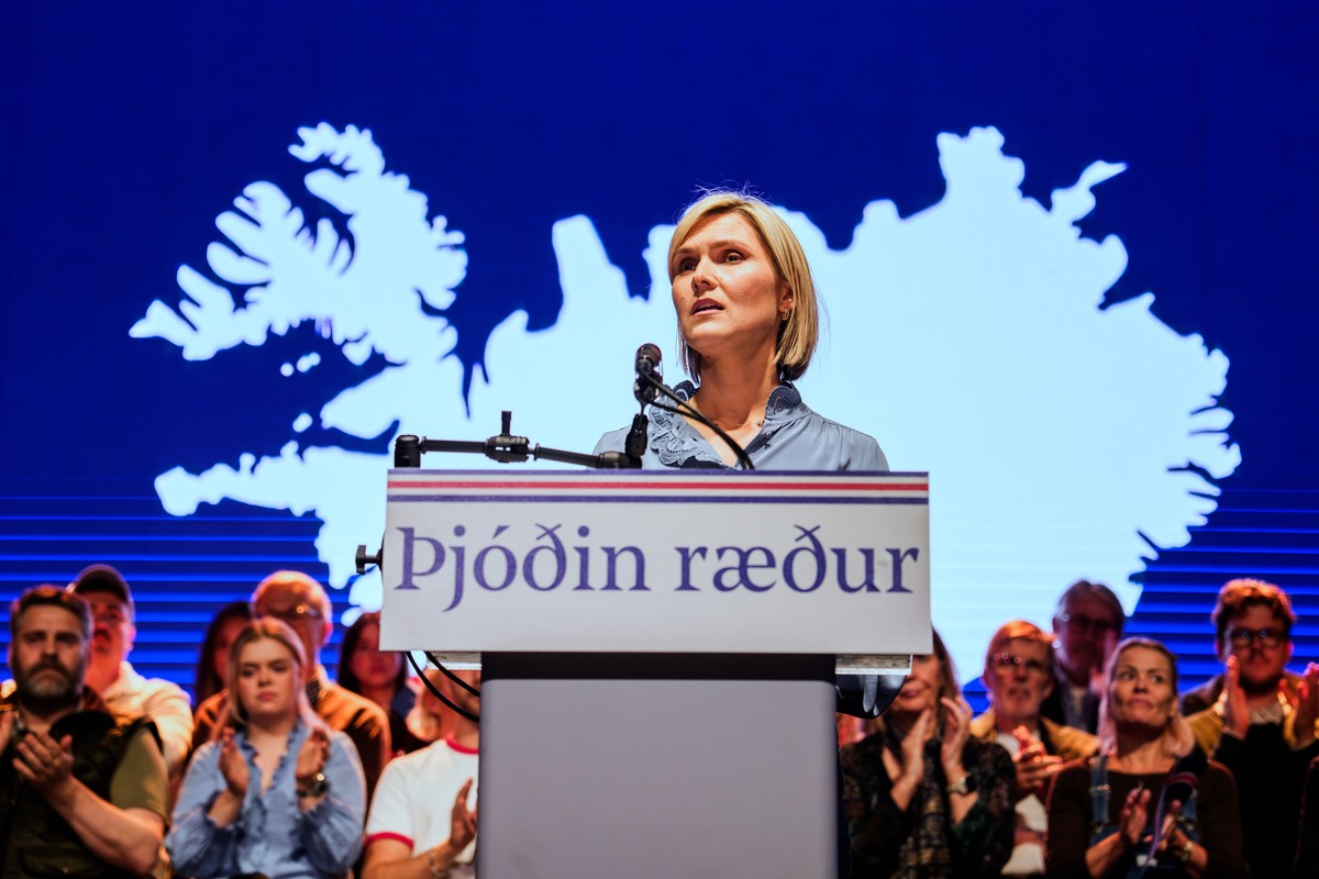 Icelandic Prime Minister Kristrun Frostadottir speaks at a public event about a referendum on whether to resume accession negotiations with the European Union in Reykjavik, Iceland, Wednesday, Aug. 26 ...