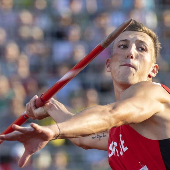 Switzerland&#039;s Simon Ehammer during the Men&#039;s Decathlon Javelin Throw of the 2022 European Championships Munich at the Olympiastadion in Munich, Germany, on Tuesday, August 16, 2022. (KEYSTON ...