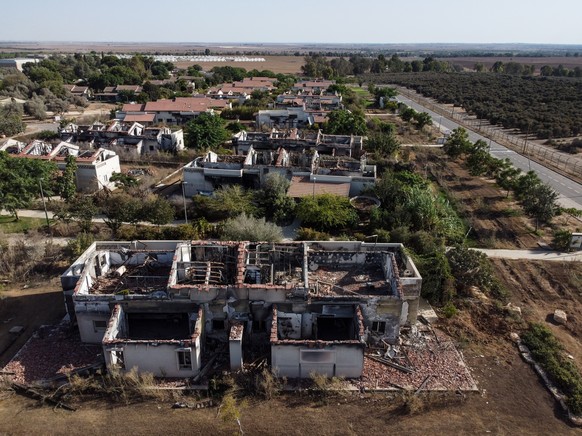 epa11641463 A general view of destroyed houses in Kibbutz Beeri from the morning of 07 October during the Hamas attacks in Kibbutz Beeri, Southern Israel, 19 September 2024. On 7 October 2023, the Pal ...