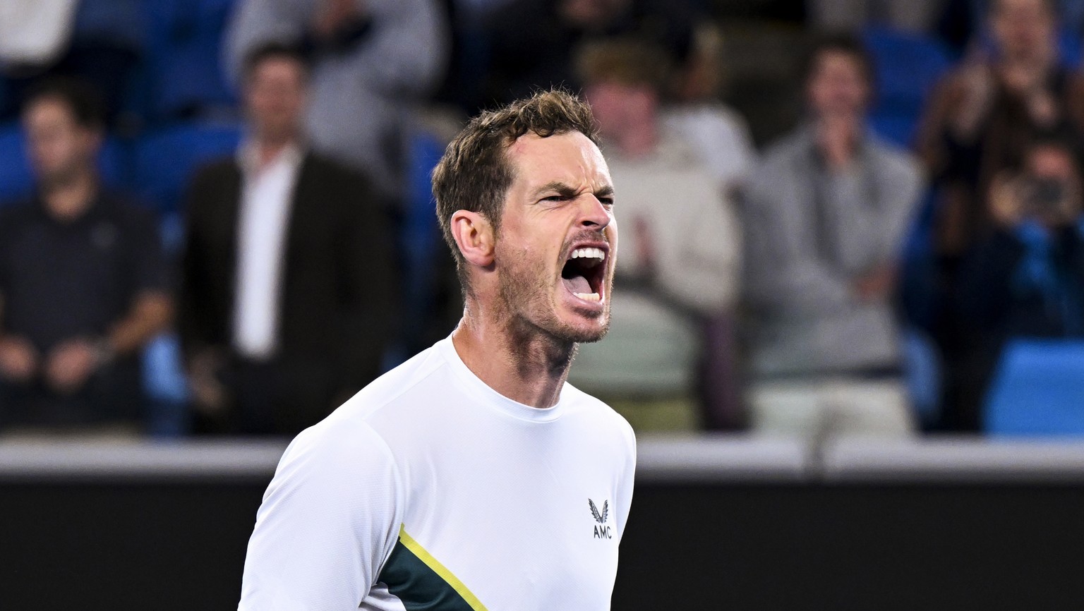 epa10416256 Andy Murray of Great Britain celebrates after winning his second round match against Thanasi Kokkinakis of Australia at the 2023 Australian Open tennis tournament in Melbourne, Australia,  ...