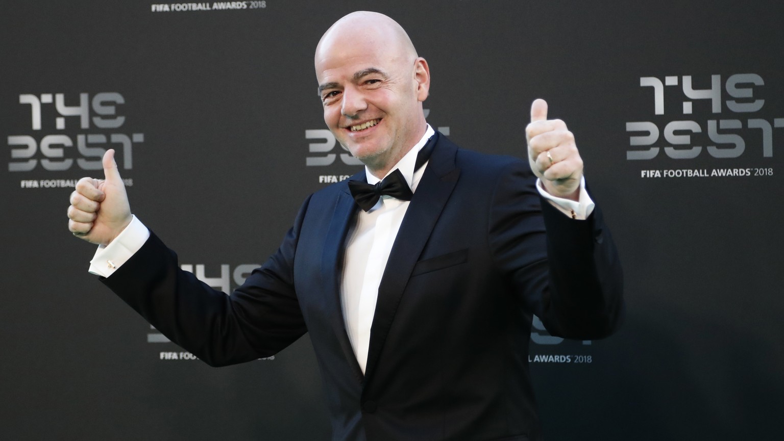 FIFA President Gianni Infantino arrives for the ceremony of the Best FIFA Football Awards in the Royal Festival Hall in London, Britain, Monday, Sept. 24, 2018. (AP Photo/Frank Augstein)