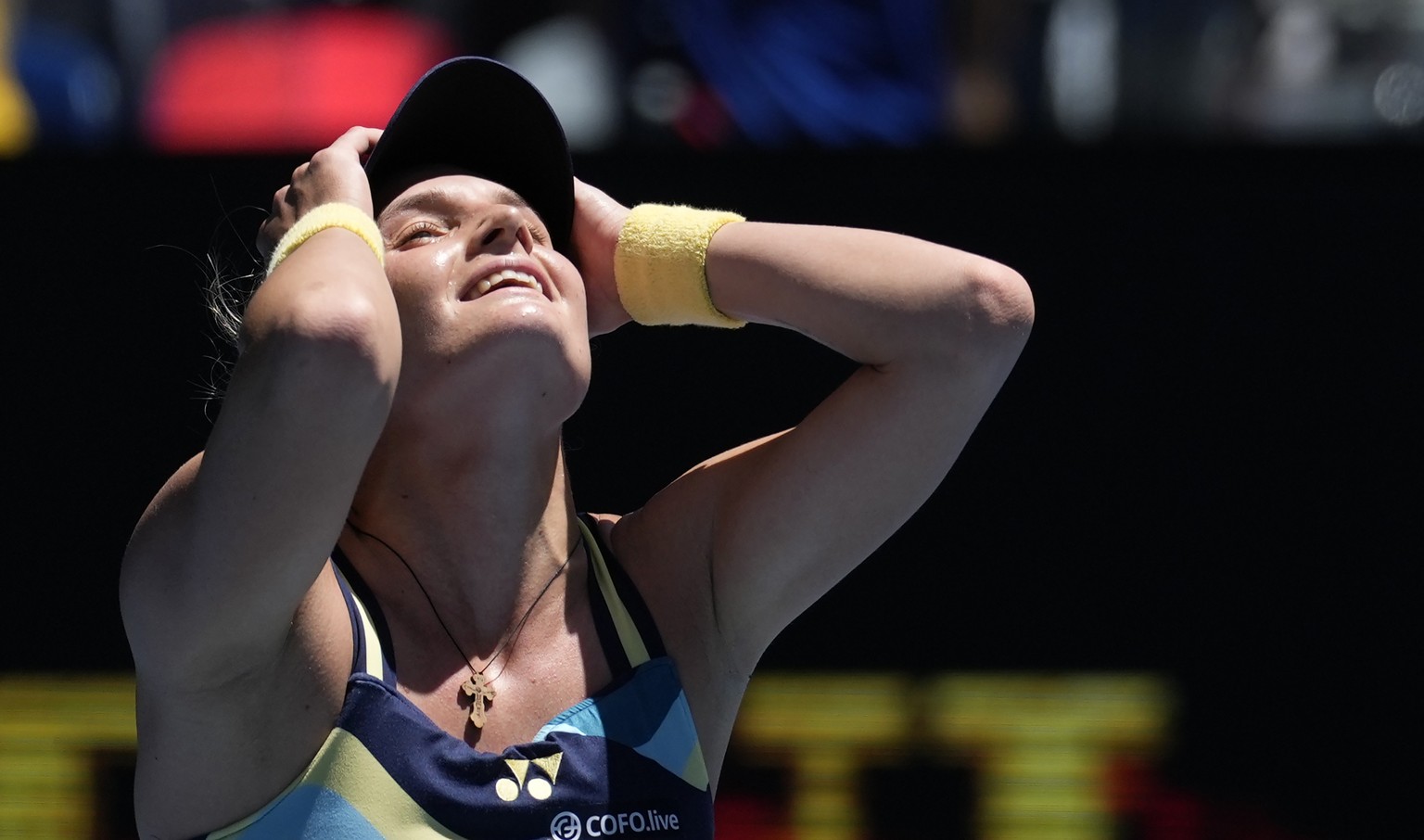 Dayana Yastremska of Ukraine celebrates after defeating Linda Noskova of the Czech Republic in their quarterfinal match at the Australian Open tennis championships at Melbourne Park, Melbourne, Austra ...