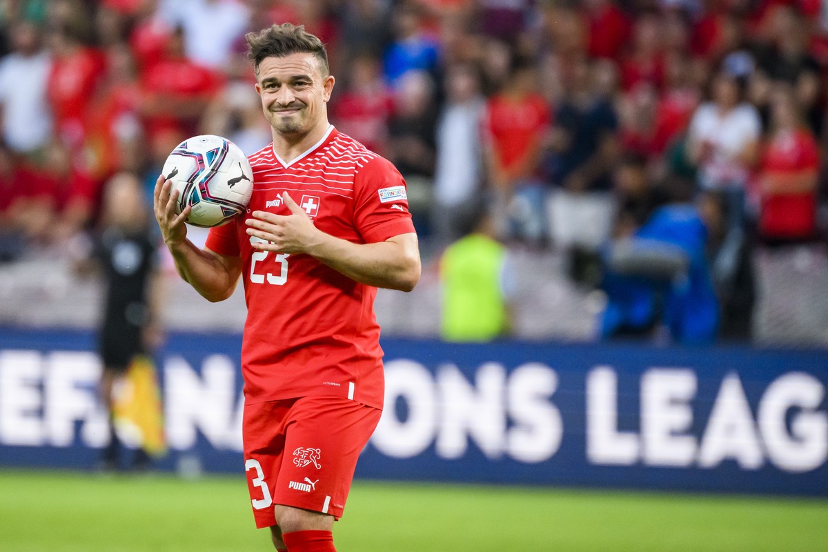 Switzerland's midfielder Xherdan Shaqiri reacts during the UEFA Nations League group A2 soccer match between Switzerland and Portugal at the Stade de Geneve stadium, in Geneva, Switzerland, Sunda ...