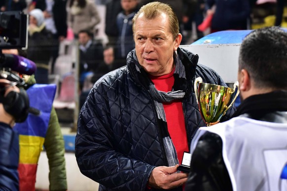 Liga I, Soccer: Steaua Bucharest ROU vs Rapid Bucharest ROU FEB 2015 February 22, 2015: Helmuth Duckadam the president of image of Steaua Bucharest with the Premiile Digi cup before the begining of th ...