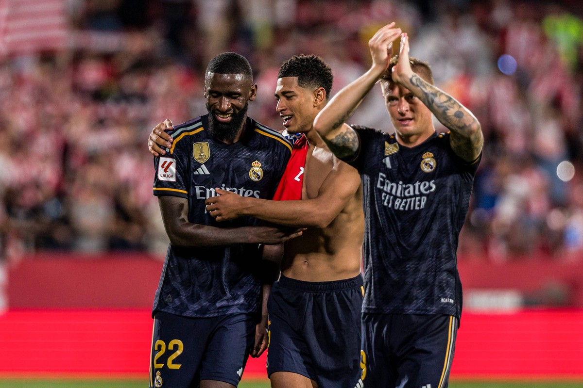 September 30, 2023: Antonio Rudiger, Jude Bellingham and Toni Kroos of Real Madrid celebrate the victory during the Spanish league, La Liga EA Sports, football match played between Girona FC and Real  ...