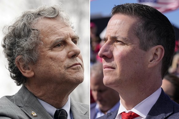 FILE - This combination of images shows from left, Sen. Sherrod Brown, D-Ohio, chairman of the Senate Committee on Banking, Housing, in Washington, on Dec. 7, 2022, and Republican opponent Bernie More ...