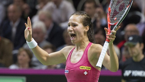 Switzerland&#039;s Viktorija Golubic celebrates her win against Karolina Pliskova of the Czech Republic after their World Group semifinal Fed Cup tennis match between Switzerland and the Czech Republi ...