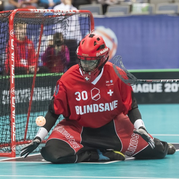 Pascal Meier (Schweiz) waehrend dem Gruppenspiel der Gruppe A Tschechien gegen die Schweiz, an der Unihockey Weltmeisterschaft der Herren 2018, am Dienstag, 4. Dezember 2018, in der O2-Arena in Prag,  ...