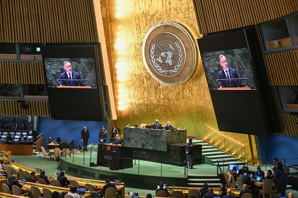 epa11940917 Polish President Andrzej Duda (C) speaks during a special session of the UN General Assembly at the United Nations headquarters in New York, USA, 04 March 225. The Polish presidential coup ...