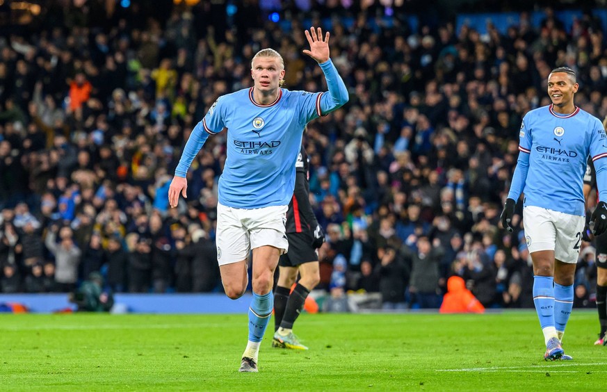 Manchester City v RB Leipzig Champions League 14/03/2023 GOAL 6-0 Erling Haaland of Manchester City celebrates after he scores his fifth goal the Champions League match between Manchester City and RB  ...