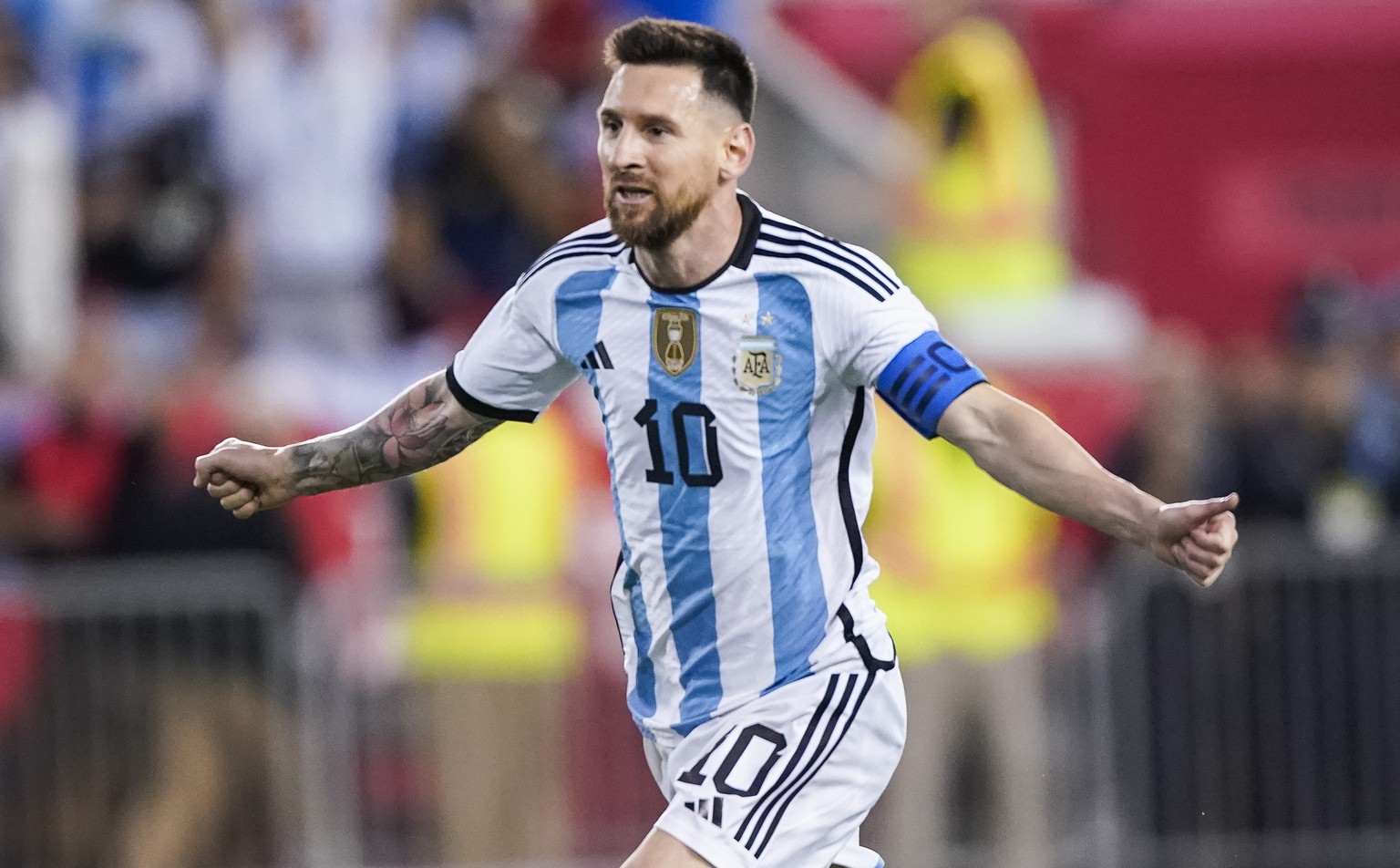 Argentina&#039;s player Lionel Messi celebrates his goal during the second half of an international friendly soccer match against Jamaica on Tuesday, Sept. 27, 2022, in Harrison, N.J. (AP Photo/Eduard ...