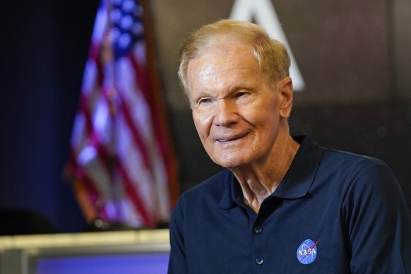 NASA administrator Bill Nelson takes part in an interview before the scheduled launch of the Artemis 1 rocket at the Kennedy Space Center, Wednesday, Aug. 24, 2022, in Cape Canaveral, Fla. The launch  ...