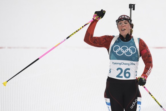 Lena Haecki of Switzerland reacts during the women Biathlon 10 km pursuit race during the XXIII Winter Olympics 2018 at the Alpensia Biathlon Center in Pyeongchang, South Korea, on Monday, February 12 ...