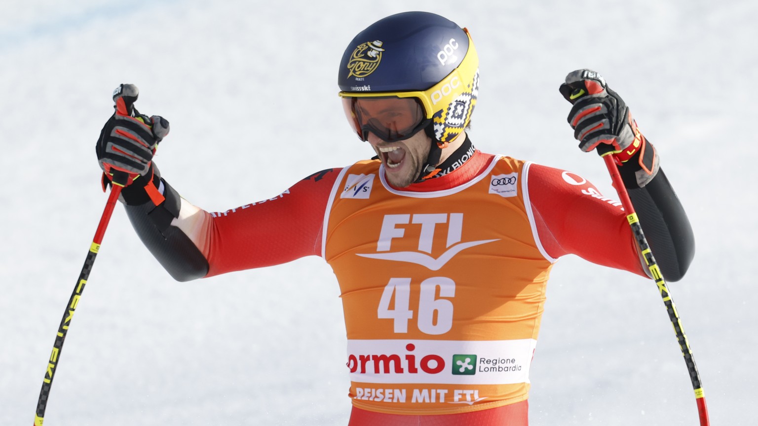 Switzerland&#039;s Marco Kohler reacts after completing an alpine ski, men&#039;s World Cup Super G race, in Bormio, Italy, Friday, Dec. 29, 2023. (AP Photo/Alessandro Trovati)