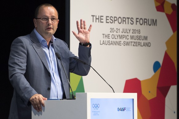 epa06901886 Swiss Patrick Baumann president of the Global Association of International Sports Federations (GAISF) opens the first edition of the International Olympic Committee (IOC) Esports Forum at  ...