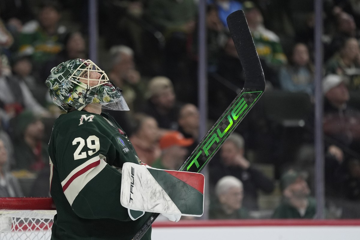 Minnesota Wild goaltender Marc-Andre Fleury (29) looks at the video board after a goal scored by Vegas Golden Knights center Brett Howden (21) during the second period of an NHL hockey game, Tuesday,  ...
