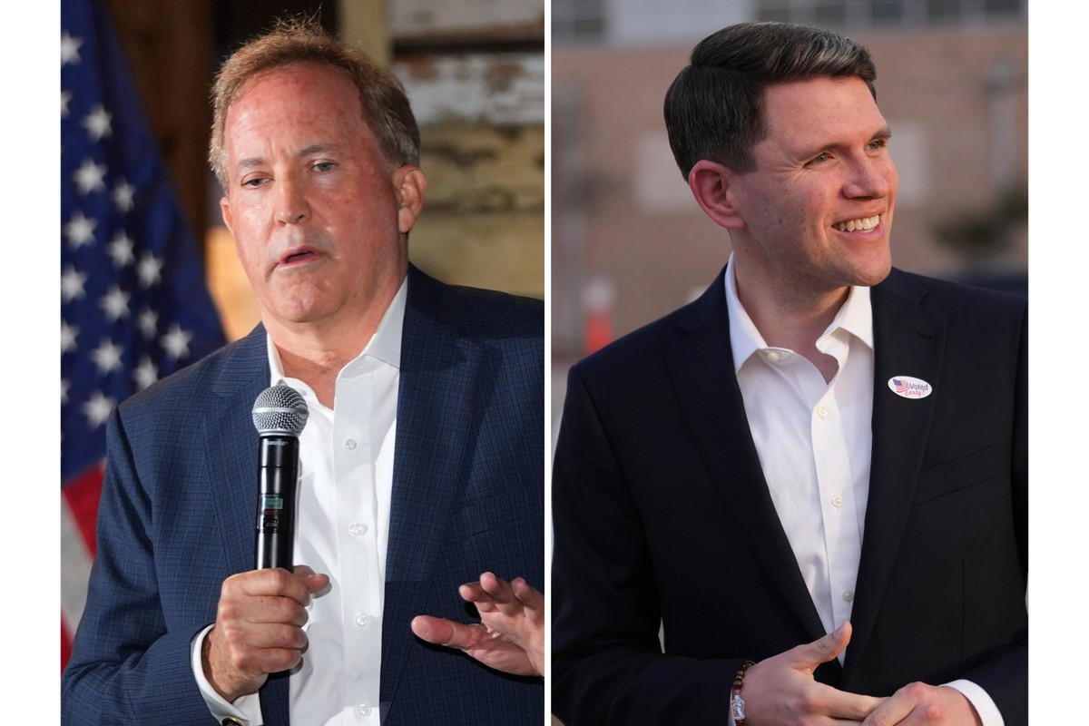 FILE - At left, Texas Attorney General Ken Paxton speaks in McKinney, Texas, May 19, 2026, and at right, Texas state Rep. James Talarico, after voting, in Austin, Texas, Feb. 17, 2026. (AP Photo/LM Ot ...