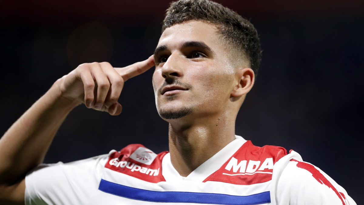 Lyon's Houssem Aouar celebrates after he scored a goal against Marseille during their French League One soccer match in Decines, near Lyon, central France, Sunday, Sept. 23, 2018. (AP Photo/Laure ...