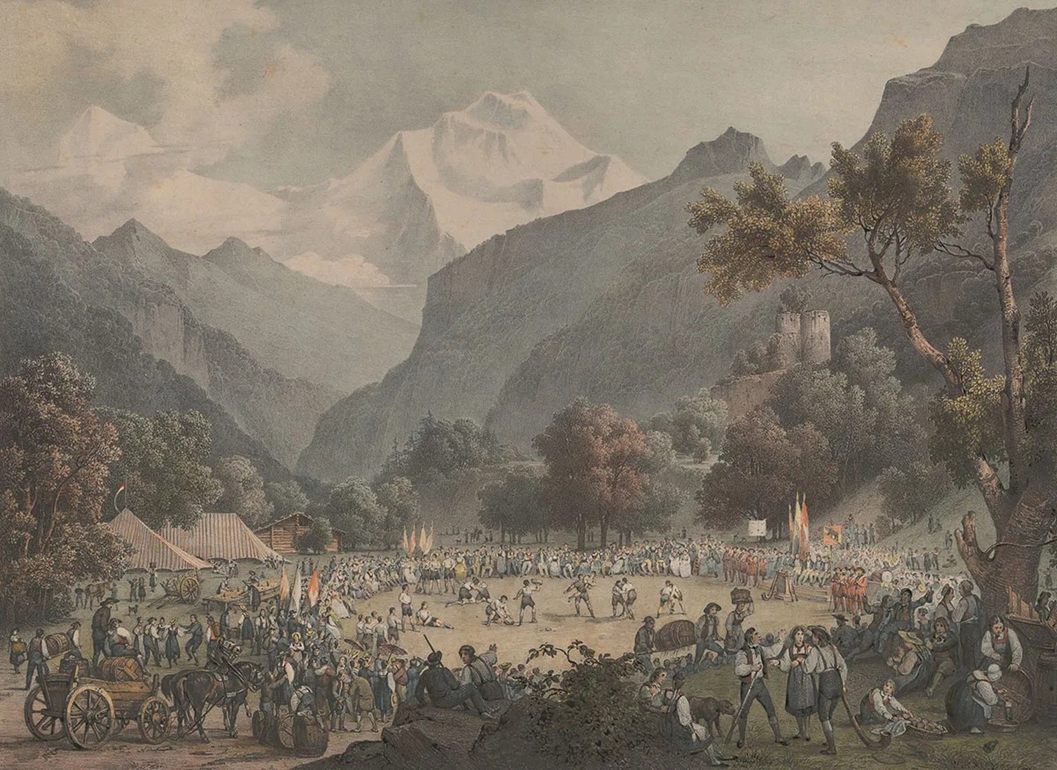Das Unspunnenfest, dargestellt von Godefroy Engelmann dem Älteren, 19. Jahrhundert.