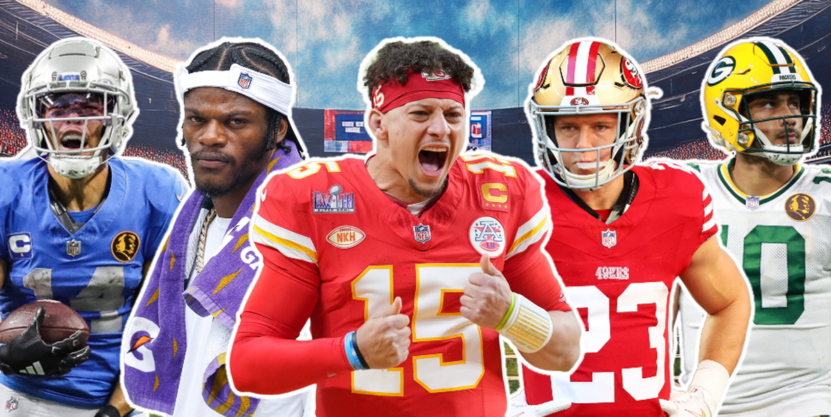 Greifen mit ihren Teams nach dem Titel: Amon-Ra St. Brown, Lamar Jackson, Patrick Mahomes, Christian McCaffrey und Jordan Love (v. l.).