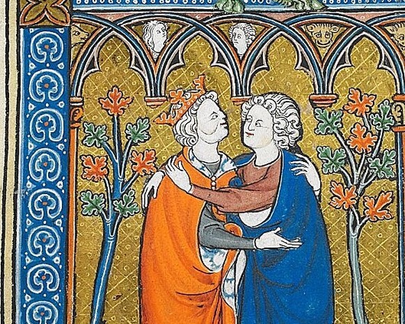 David (l.) umarmt Jonathan in einer Illustration aus dem 14. Jahrhundert.